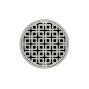 Round satin stainless steel drain cover with geometric square pattern and center drain opening.