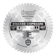 12-inch stacked chipboard saw blade with 48 teeth, 1-inch arbor, and TCG tooth design for cutting wood and composite material