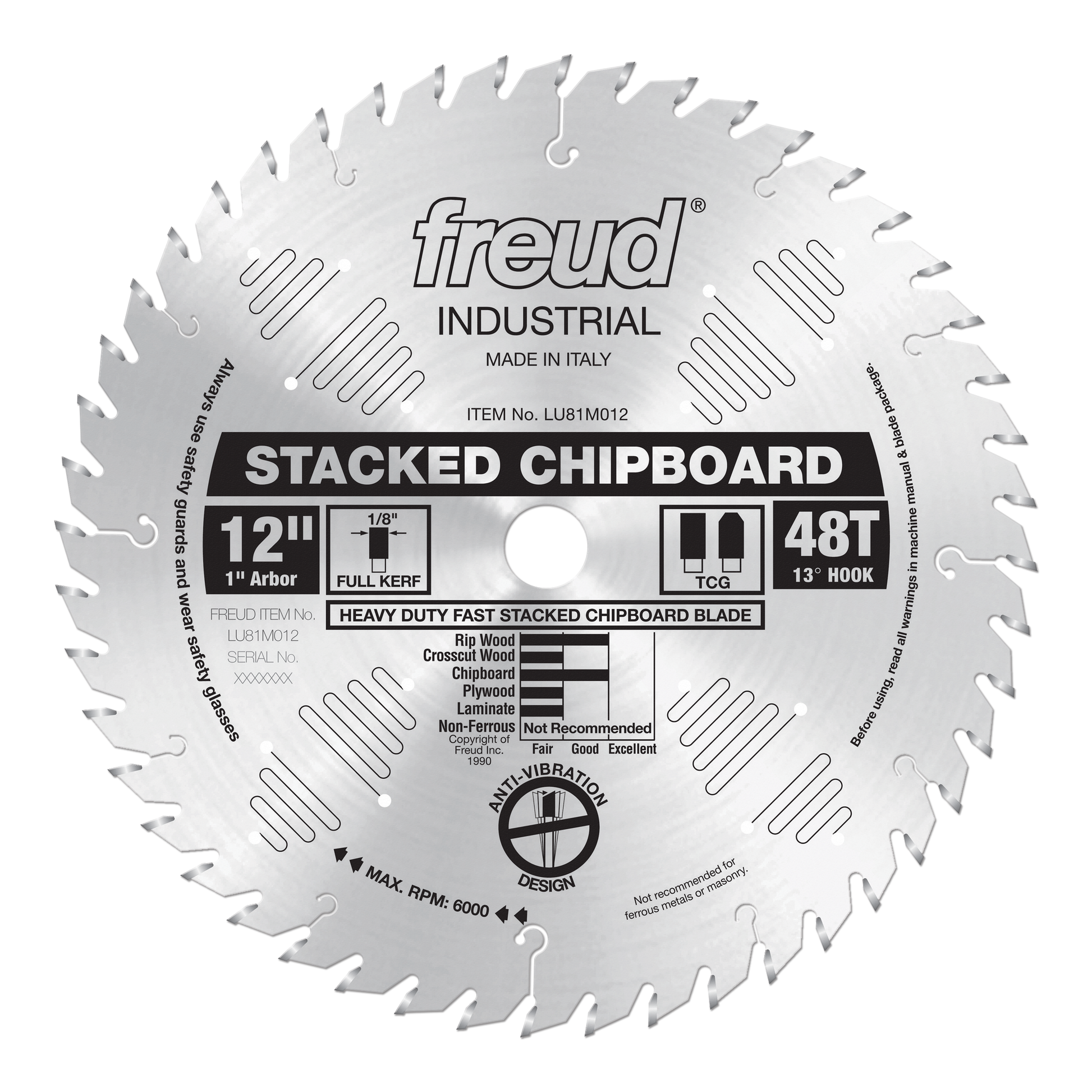 12-inch stacked chipboard saw blade with 48 teeth, 1-inch arbor, and TCG tooth design for cutting wood and composite material