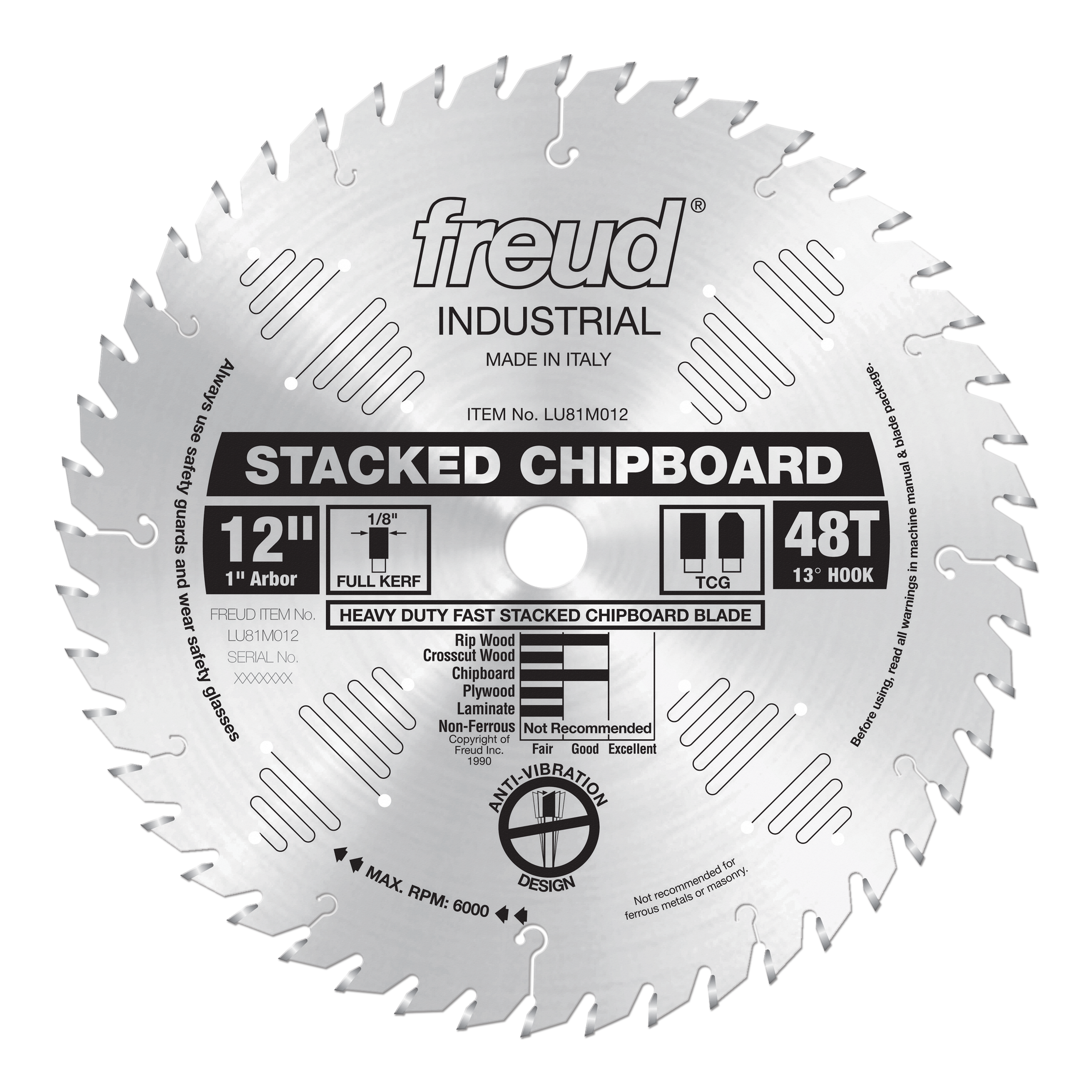 12-inch stacked chipboard saw blade with 48 teeth, 1-inch arbor, and TCG tooth design for cutting wood and composite material