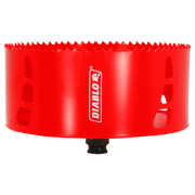 Red cylindrical hole saw with serrated cutting edge and black arbor attachment.