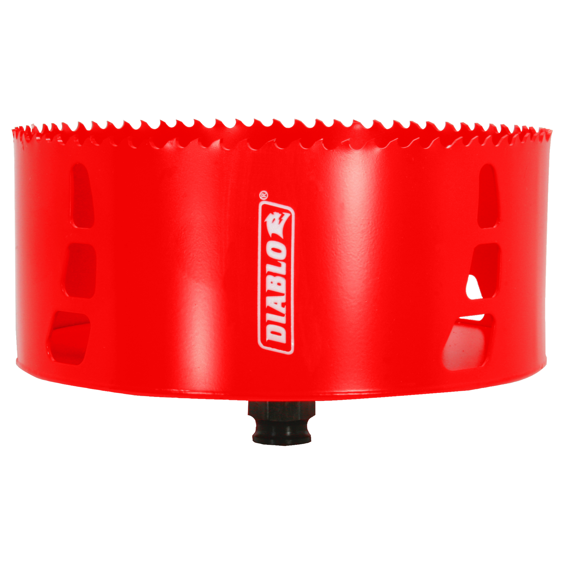 Red cylindrical hole saw with serrated cutting edge and black arbor attachment.