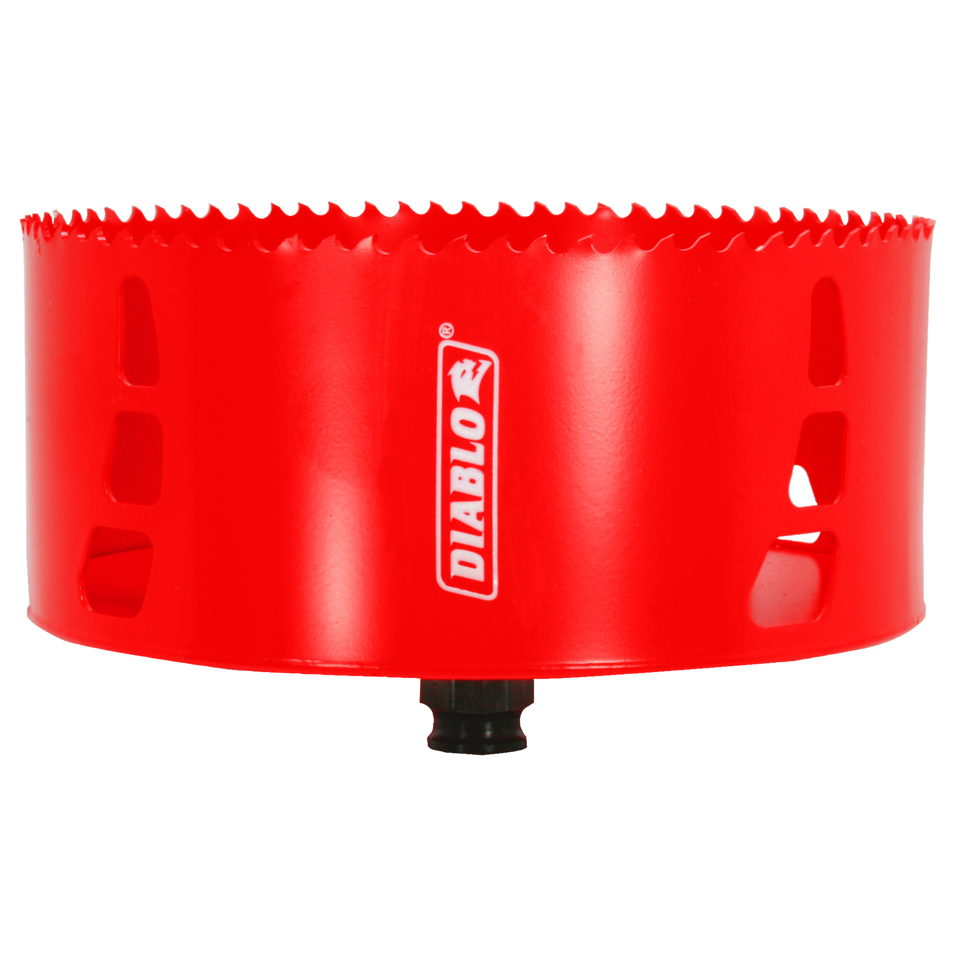 Red cylindrical hole saw with serrated cutting edge and black arbor attachment.