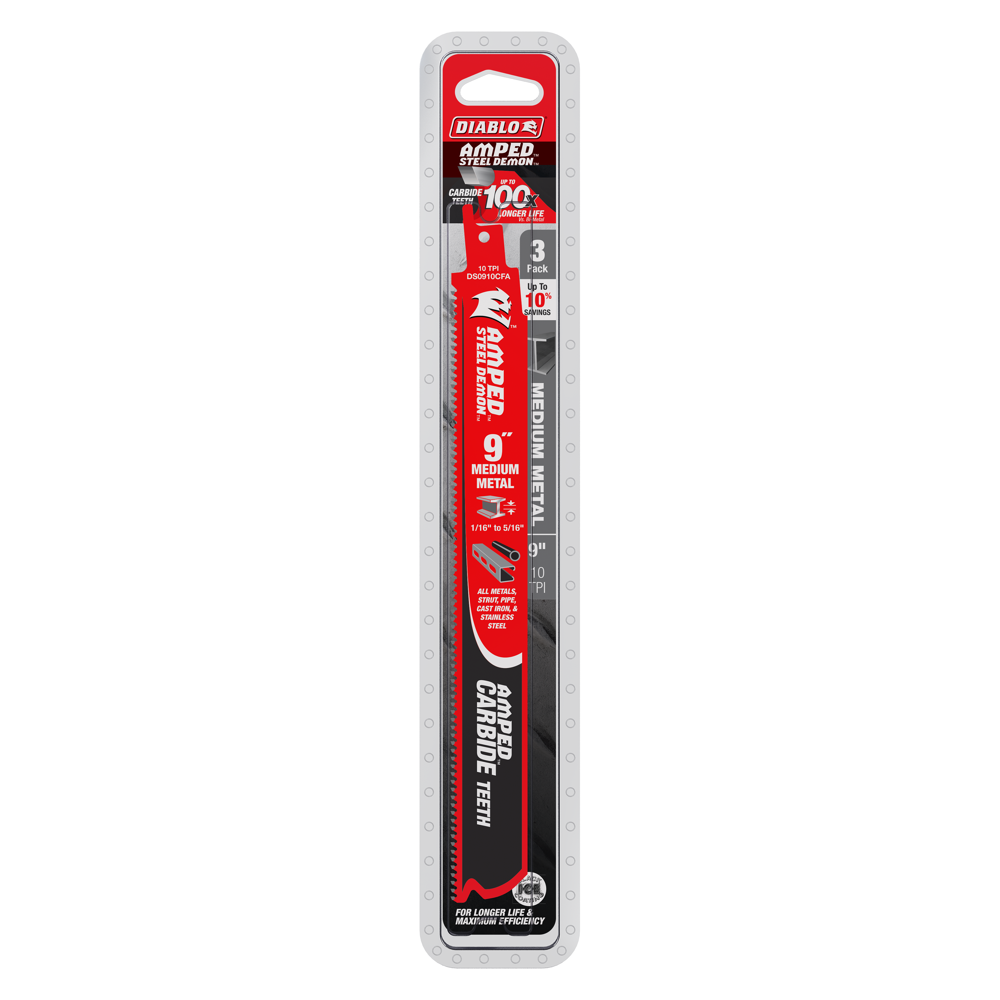 Diablo 9-inch reciprocating saw blade with carbide teeth and red/black packaging containing 3 blades per pack.