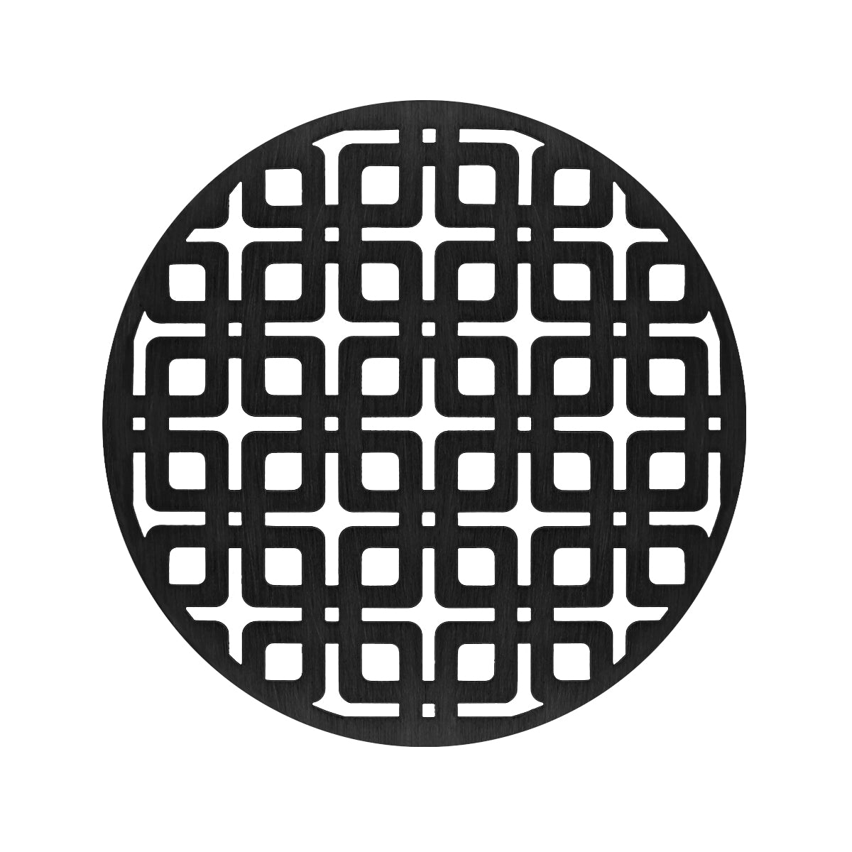 Round matte black drain cover with geometric square pattern cutouts.