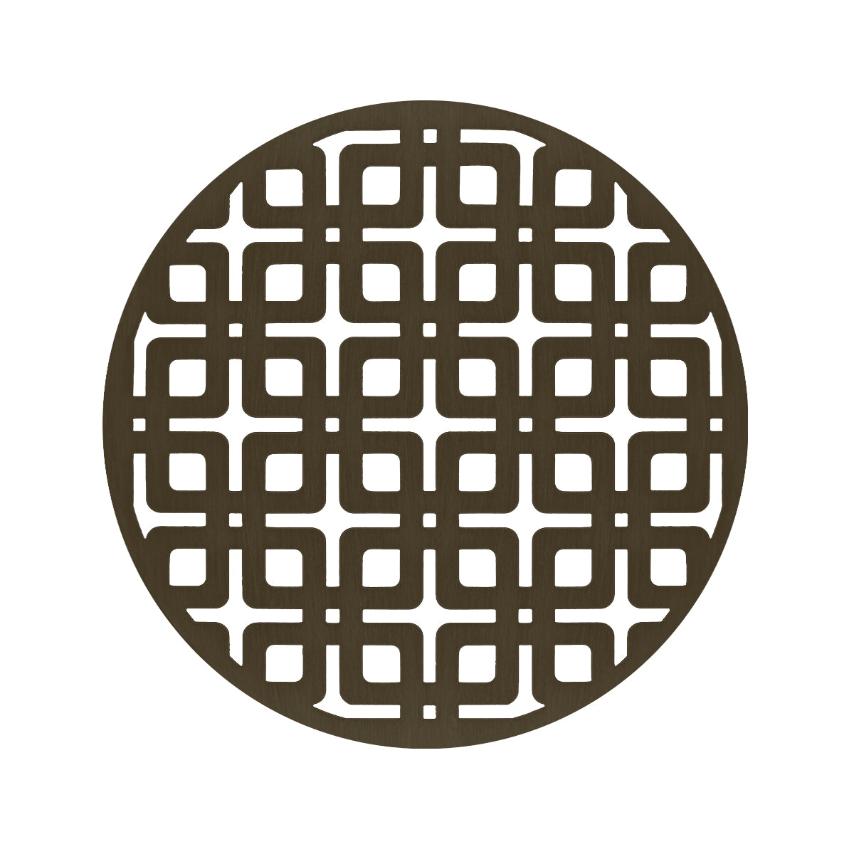 Round oil rubbed bronze drain cover with geometric grid pattern and center opening.