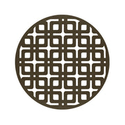 Round oil rubbed bronze drain cover with geometric grid pattern and center opening.