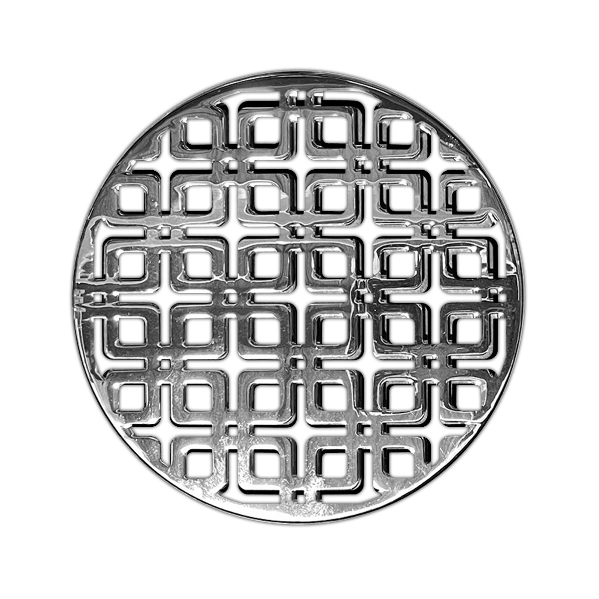Polished stainless steel round drain cover with geometric square pattern and center opening.