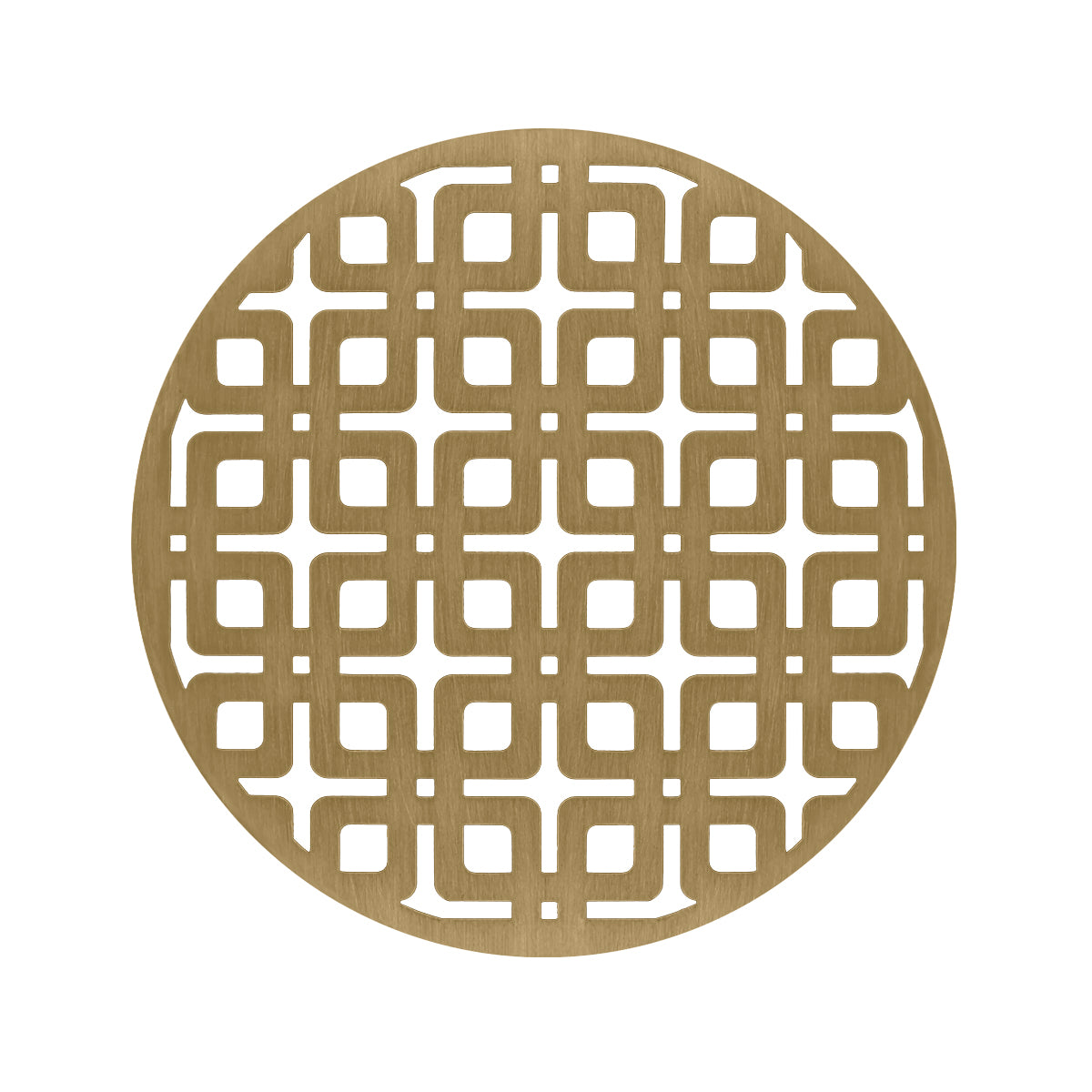 Round satin bronze drain cover with geometric cutout pattern and center opening.
