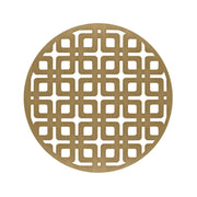 Round satin bronze drain cover with geometric cutout pattern and center opening.