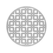 Round satin stainless steel drain cover with geometric square pattern cutouts and center drain opening.