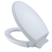 White elongated toilet seat and lid with slow-close mechanism and mounting hardware visible.
