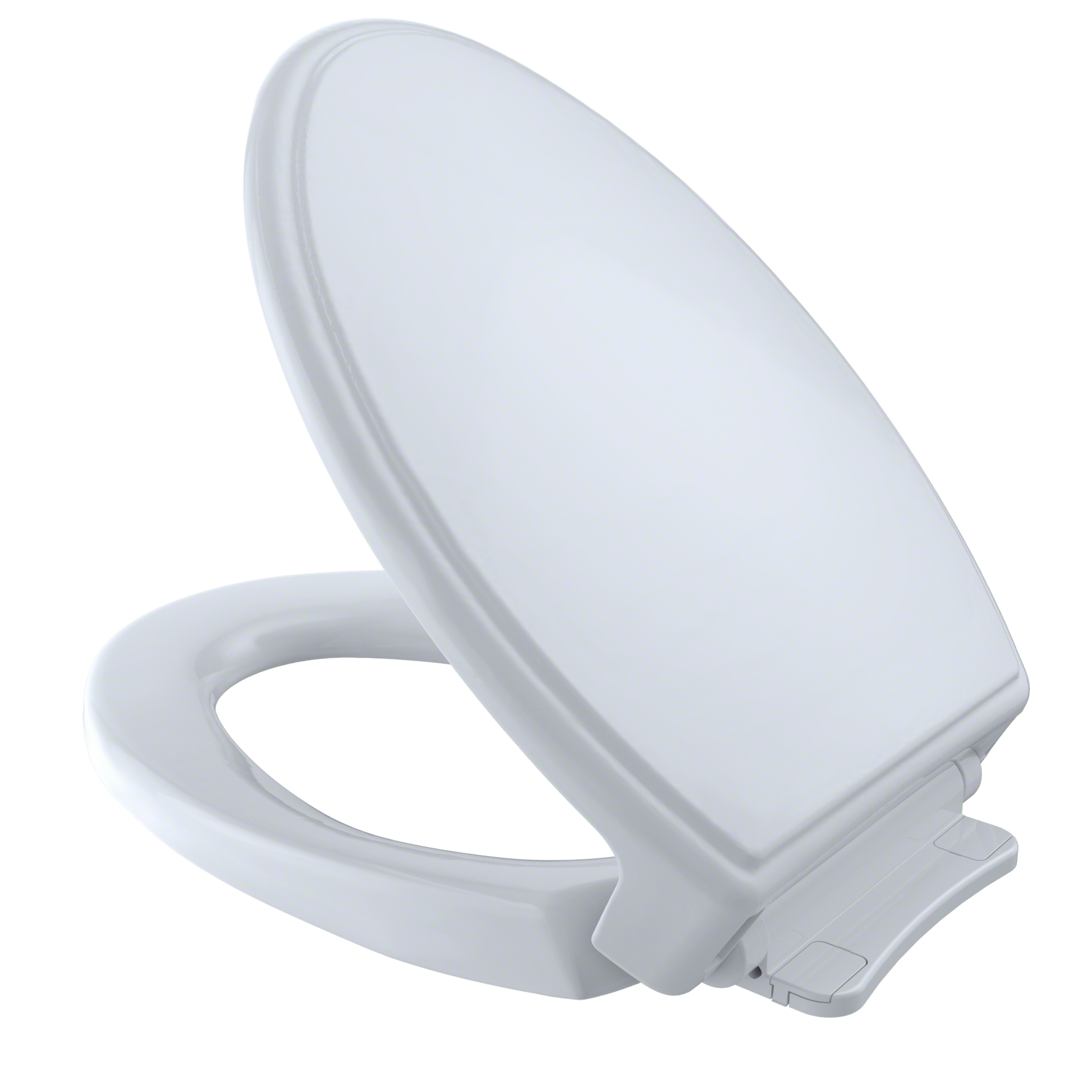 White elongated toilet seat and lid with slow-close mechanism and mounting hardware visible.