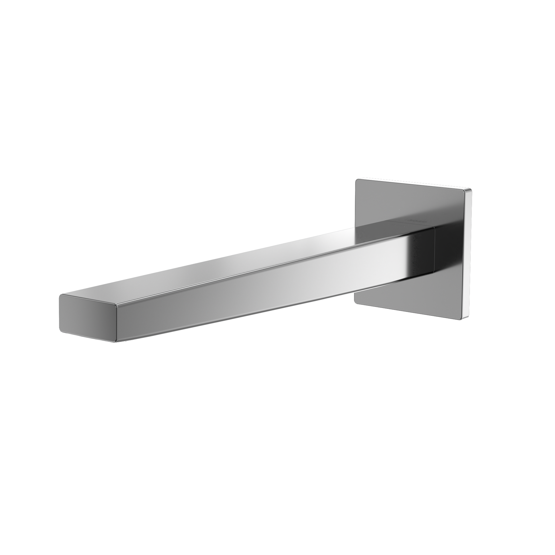 Polished chrome wall-mounted bathroom faucet with rectangular spout and square mounting plate.