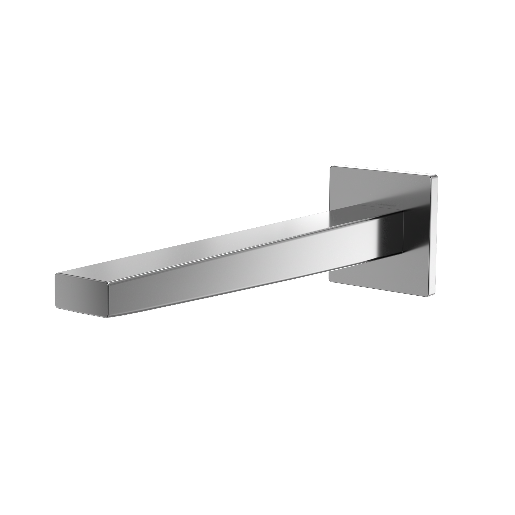 Polished chrome wall-mounted bathroom faucet spout with rectangular escutcheon plate.