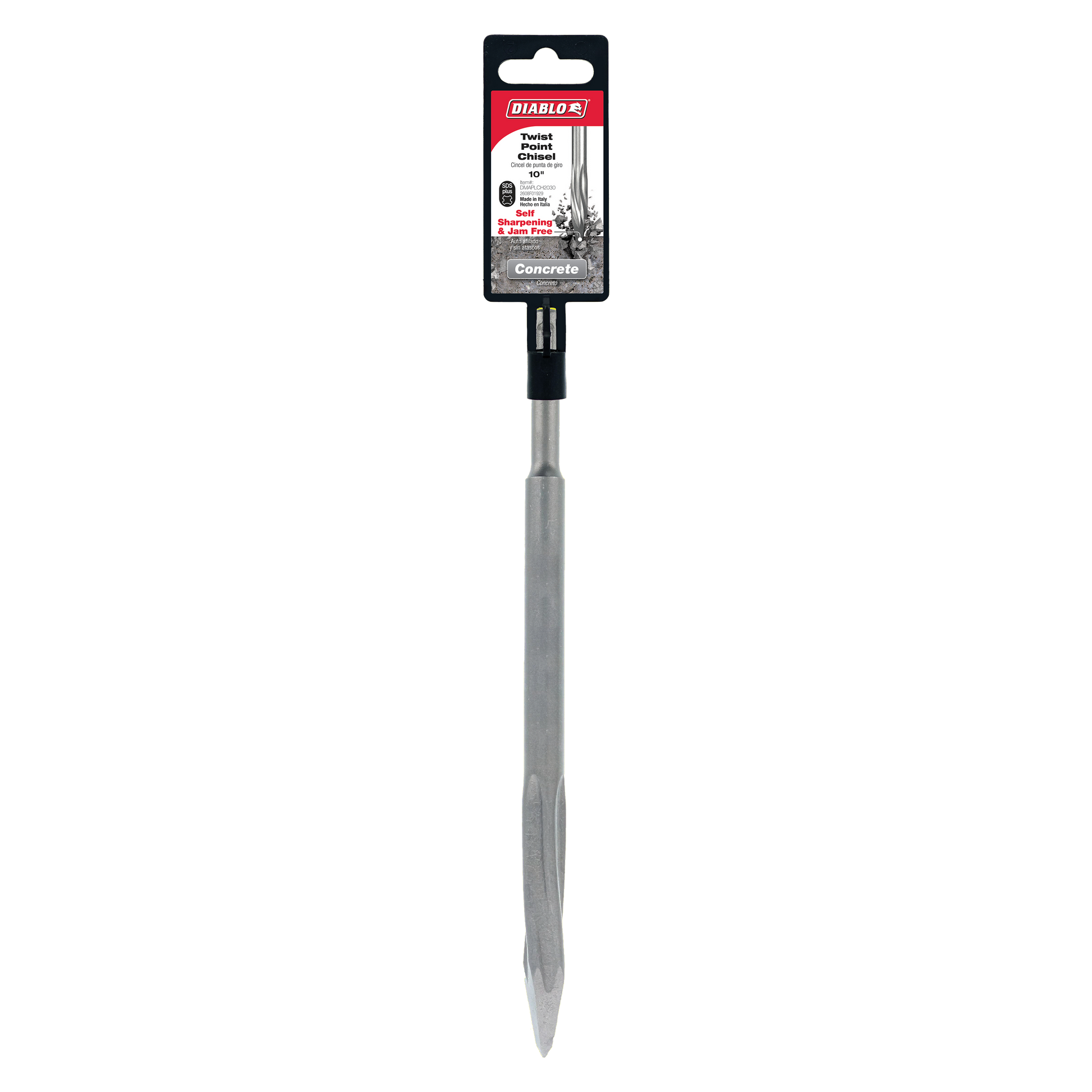 Diablo SDS-Plus twist point chisel with black grip handle and gray metal shaft, packaged in red and black Diablo branded card