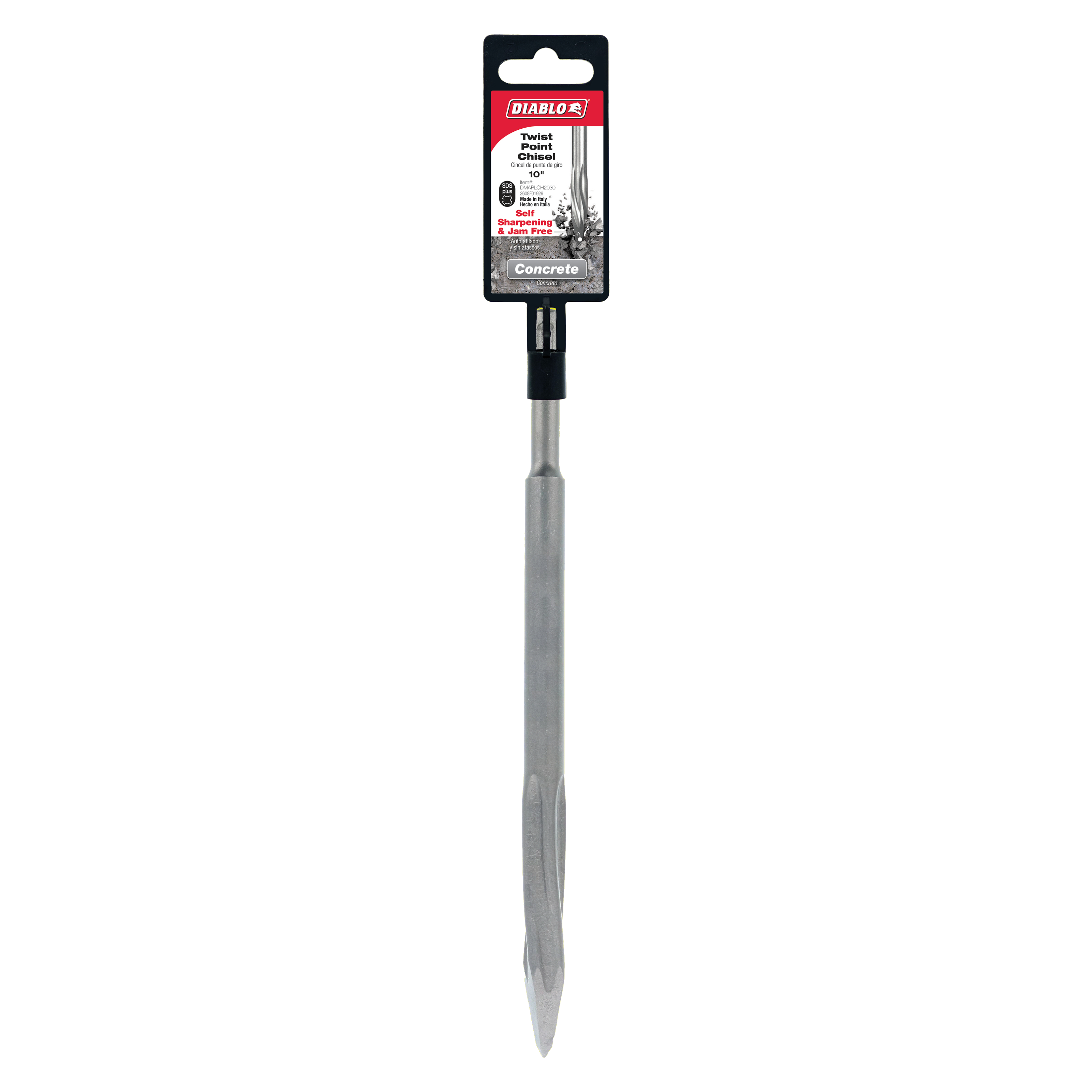 Diablo SDS-Plus twist point chisel with black grip handle and gray metal shaft, packaged in red and black Diablo branded card