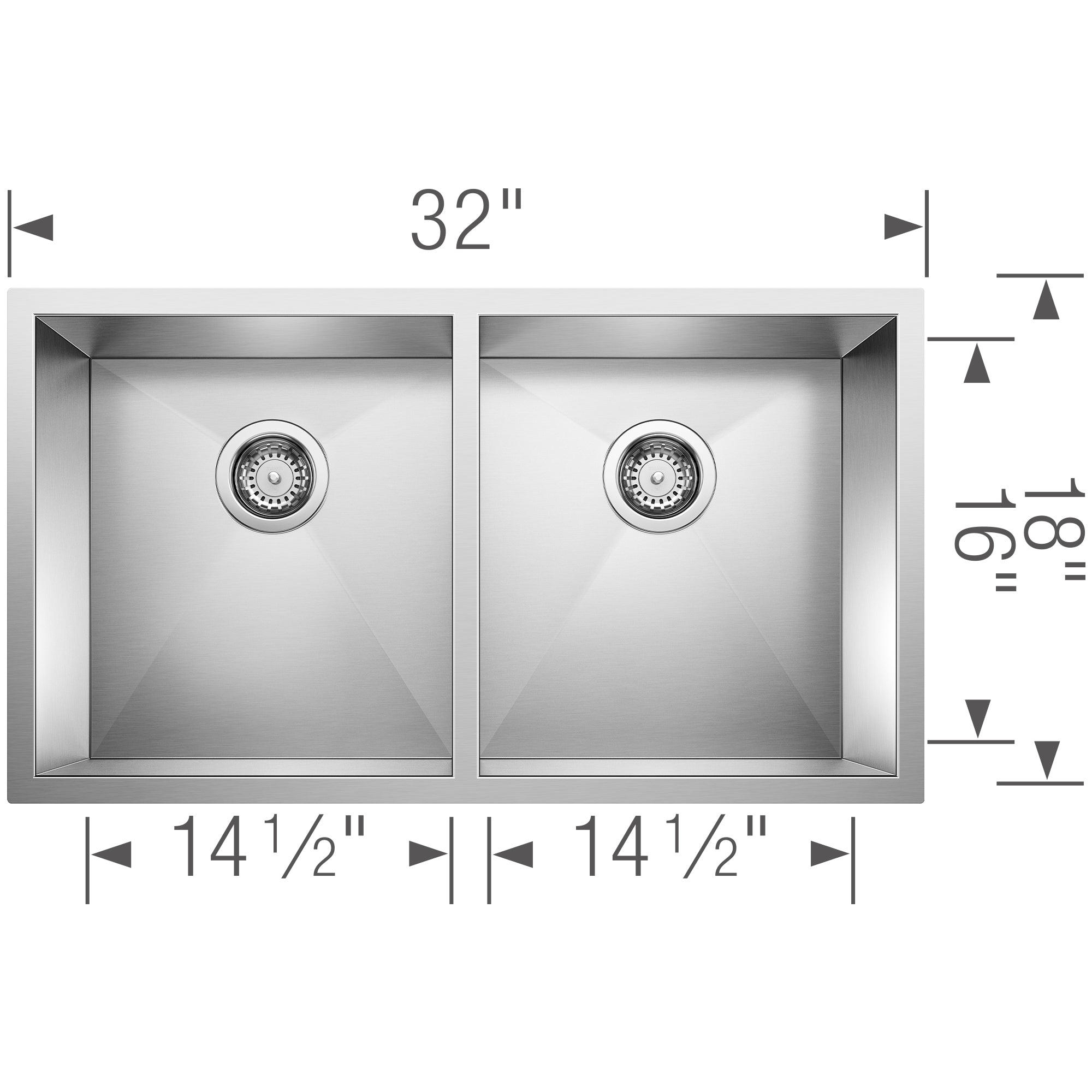 Stainless steel double bowl sink with two equal rectangular basins and drain strainers, 32" wide.