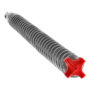 Gray hammer drill bit with ribbed shaft and red 4-cutter carbide head with SDS-Plus connection.