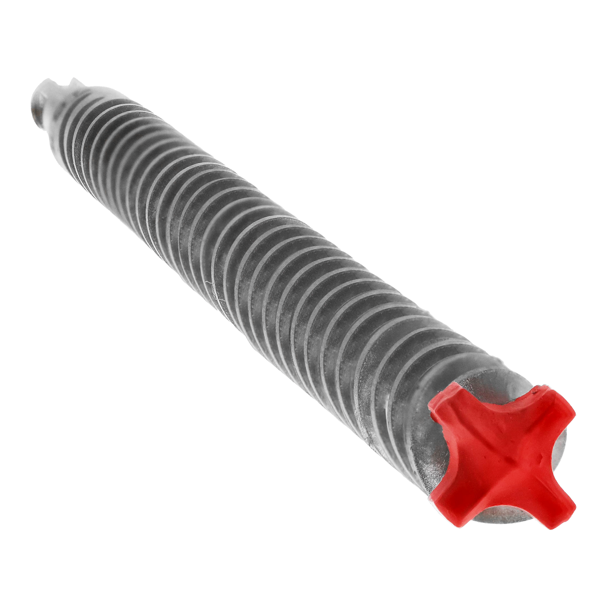 SDS-Plus hammer drill bit with grooved gray shaft and red four-cutter carbide head.