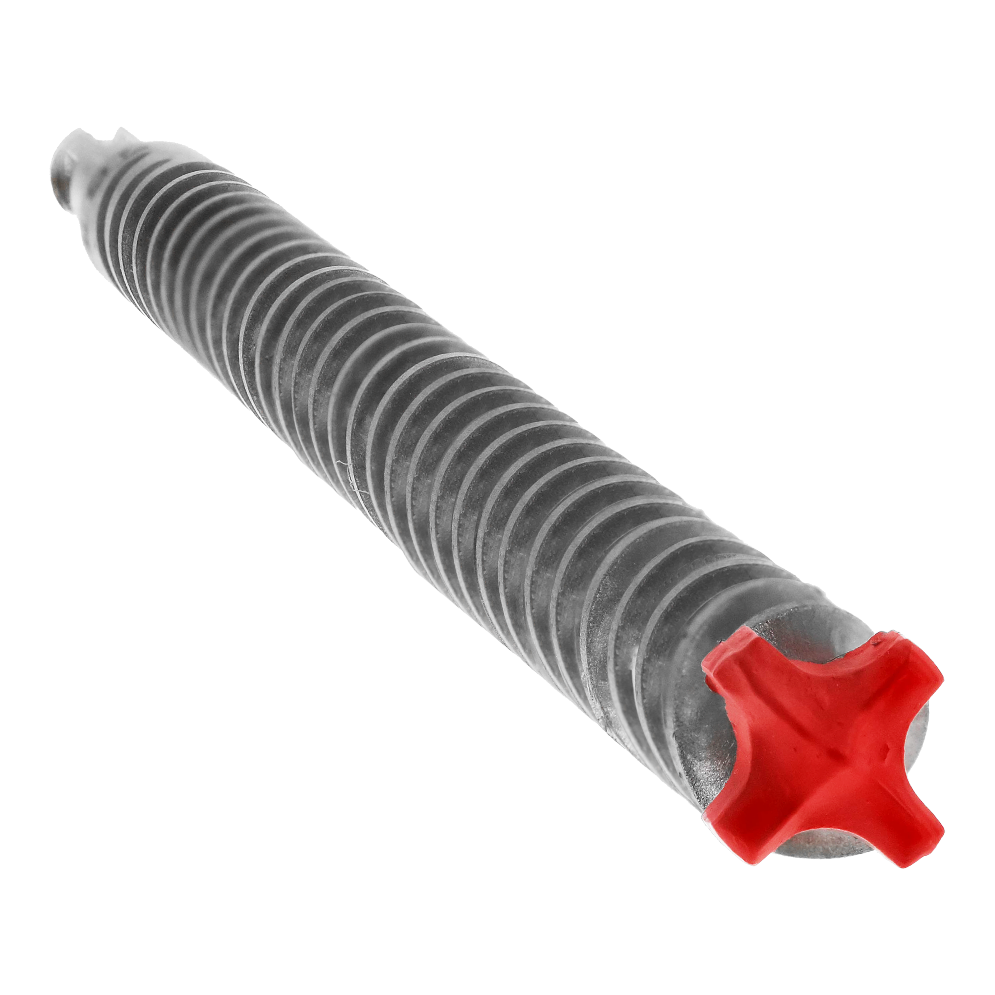 SDS-Plus hammer drill bit with grooved gray shaft and red four-cutter carbide head.
