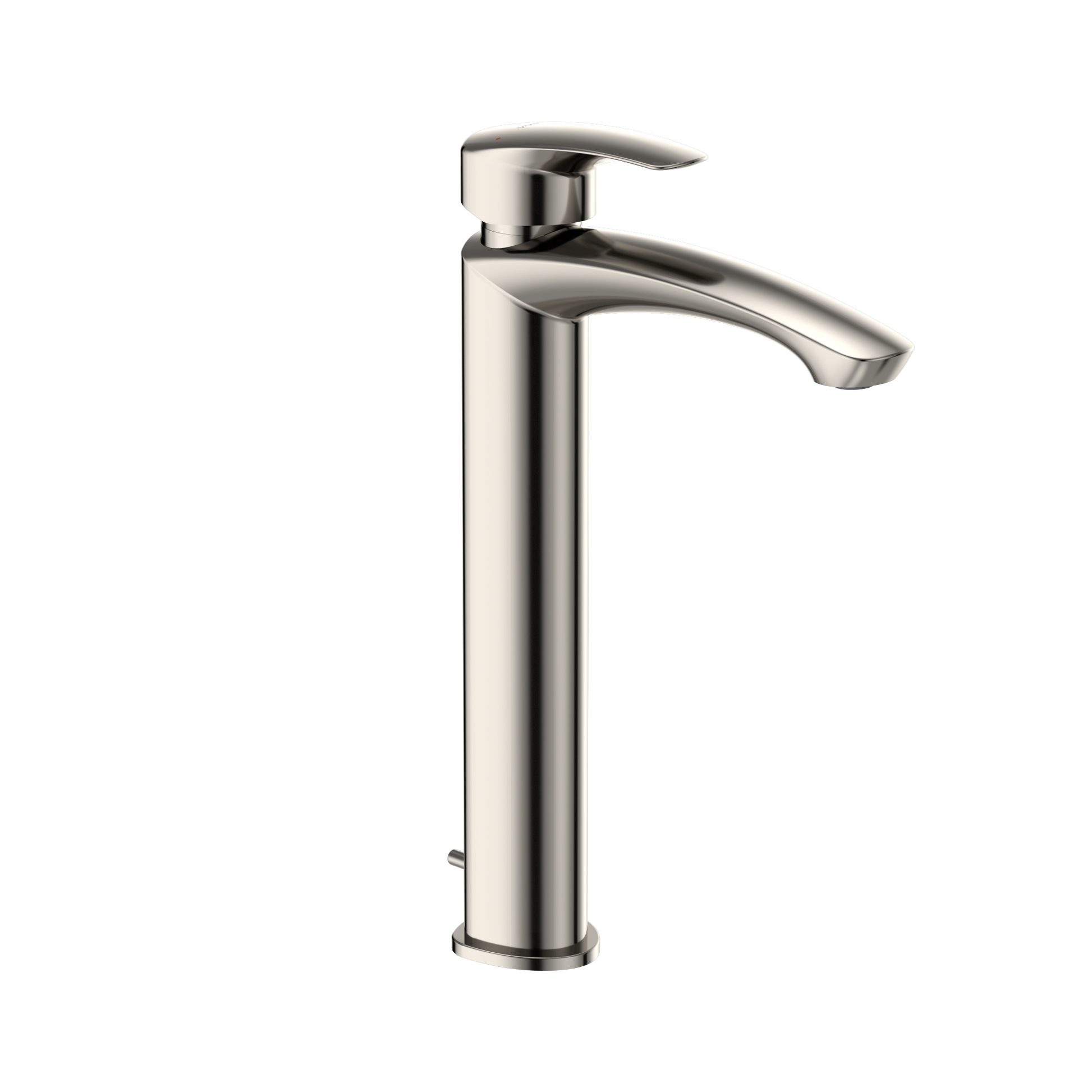 Polished nickel single-handle bathroom sink faucet with curved spout and lever control.