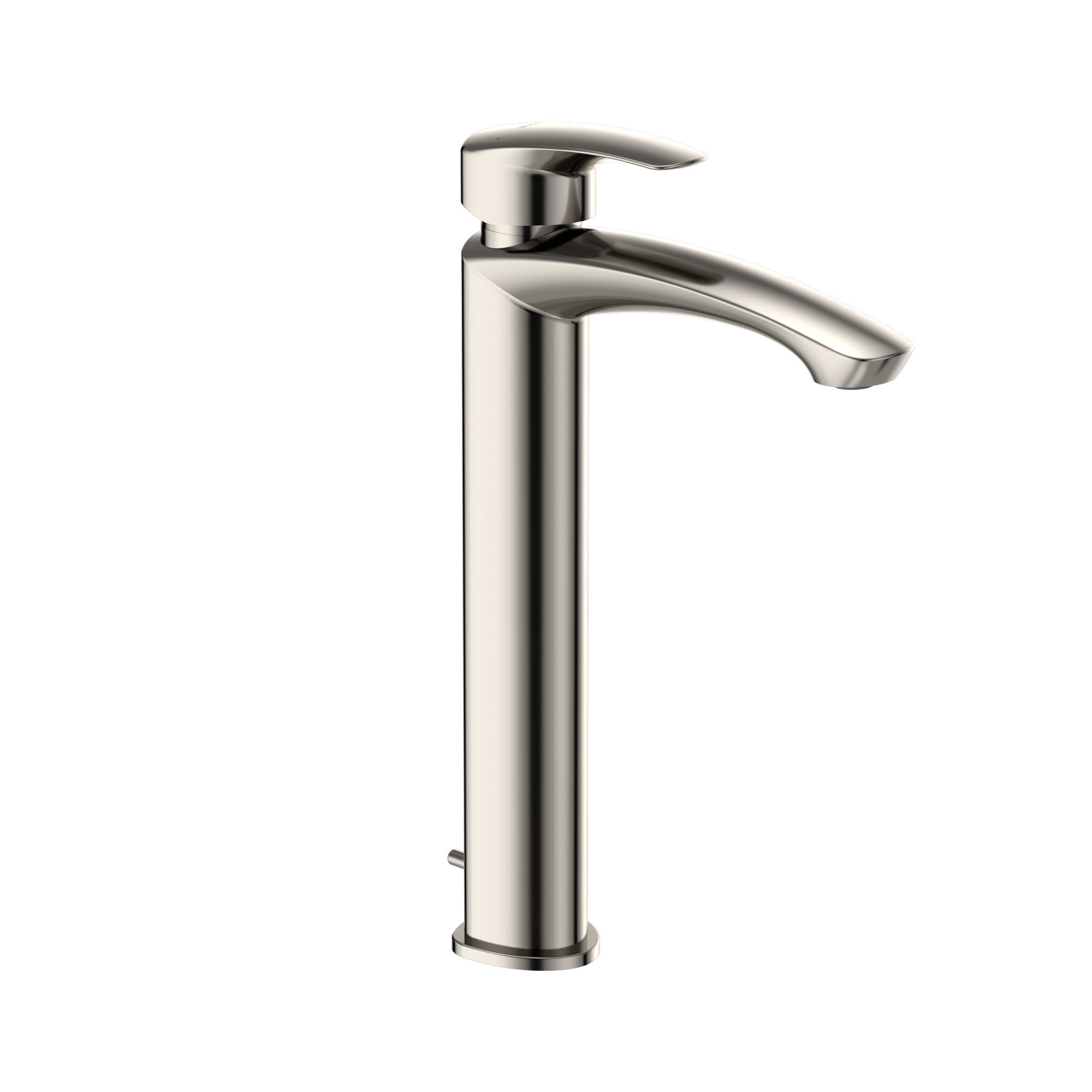 Polished nickel single-handle bathroom sink faucet with curved spout and lever control.