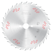 Circular saw blade with carbide-tipped teeth, center hole, and red wave pattern markings on silver steel disk.