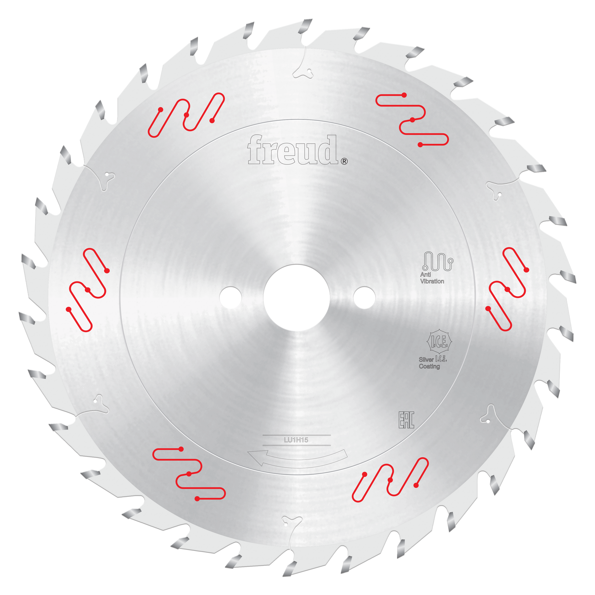 Circular saw blade with carbide-tipped teeth, center hole, and red wave pattern markings on silver steel disk.