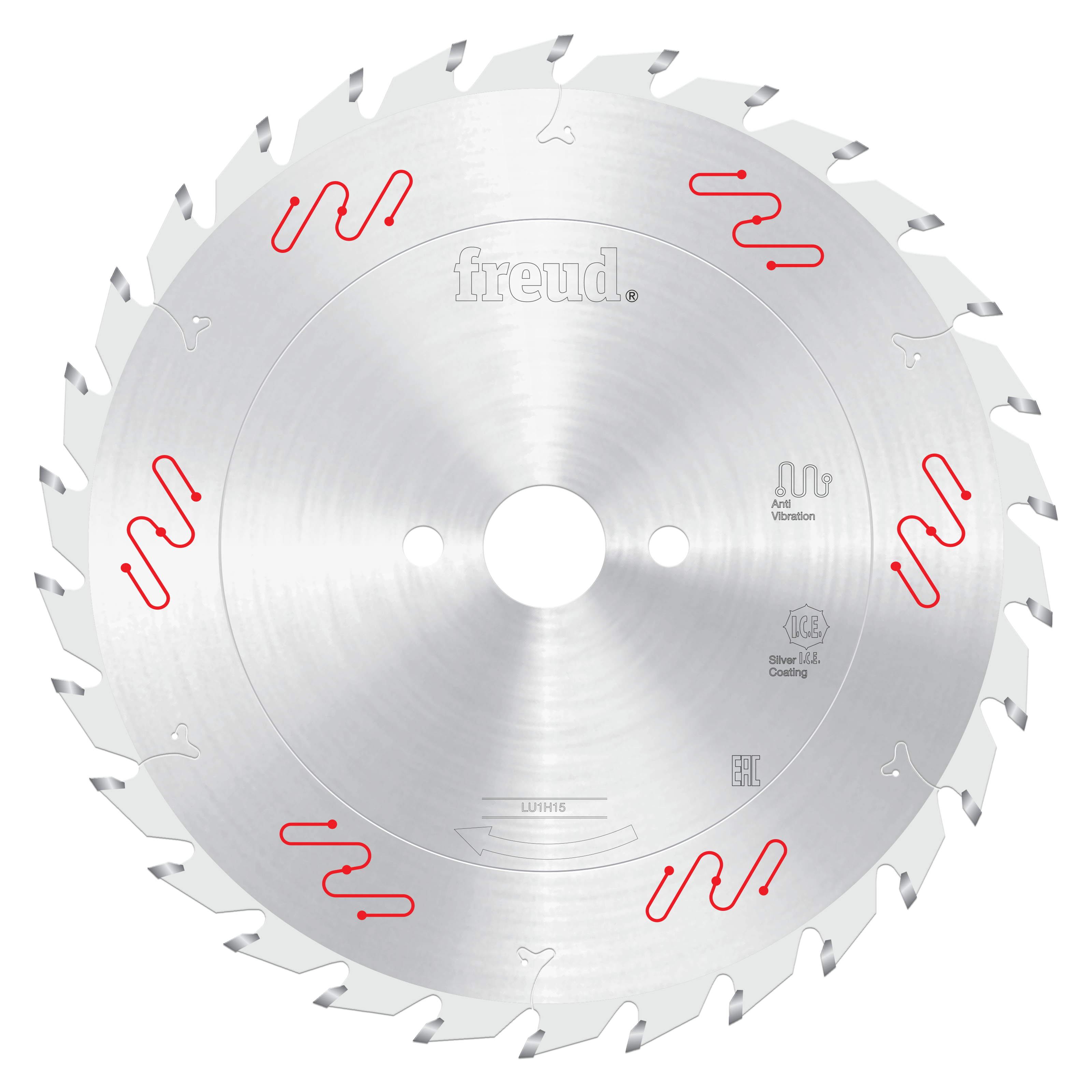 Circular saw blade with carbide-tipped teeth, center hole, and red wave pattern markings on silver steel disk.