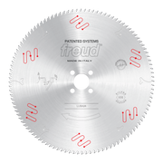 Freud LU5A24 circular saw blade with silver finish, tooth edge, center hole, and red technical markings on face.
