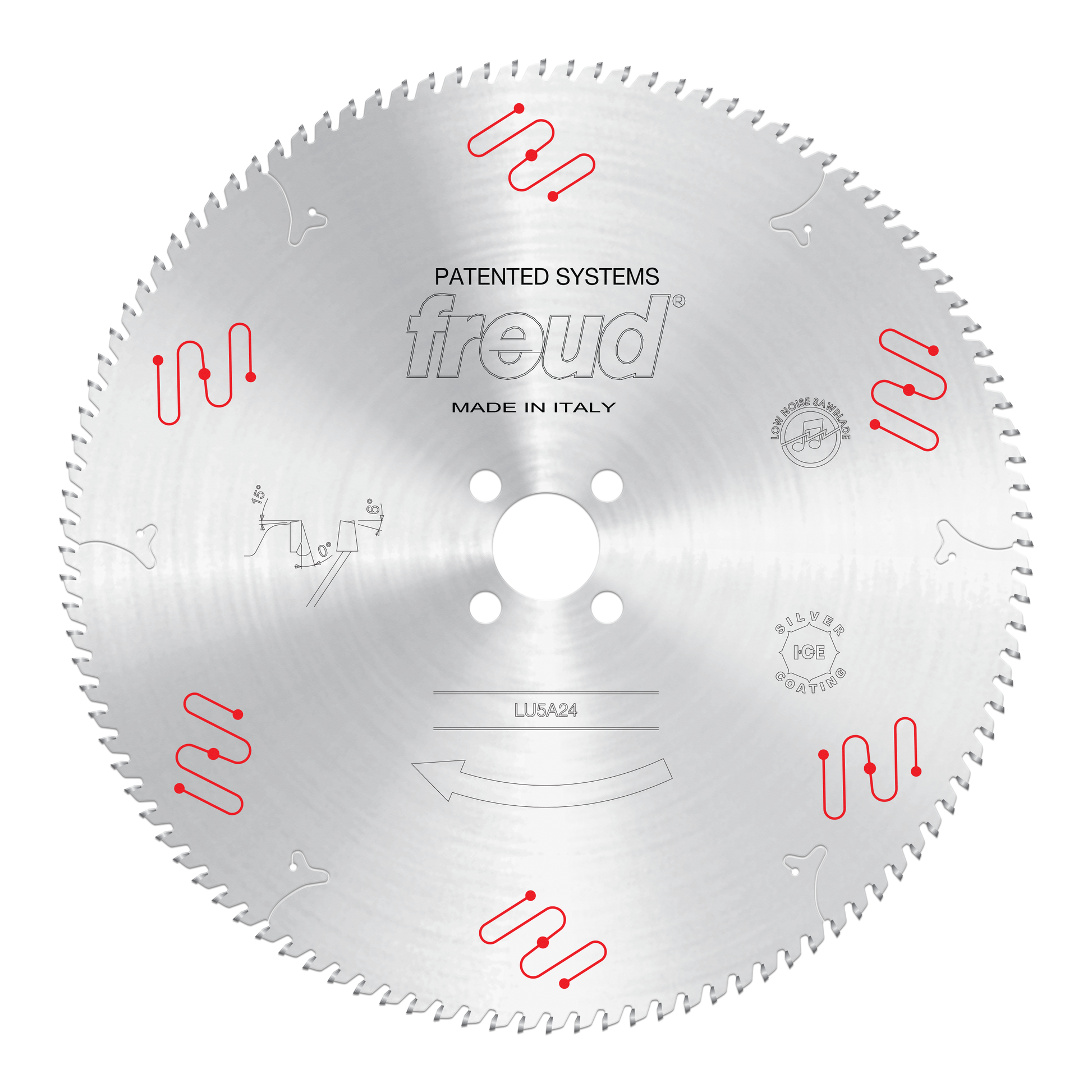 Freud LU5A24 circular saw blade with silver finish, tooth edge, center hole, and red technical markings on face.