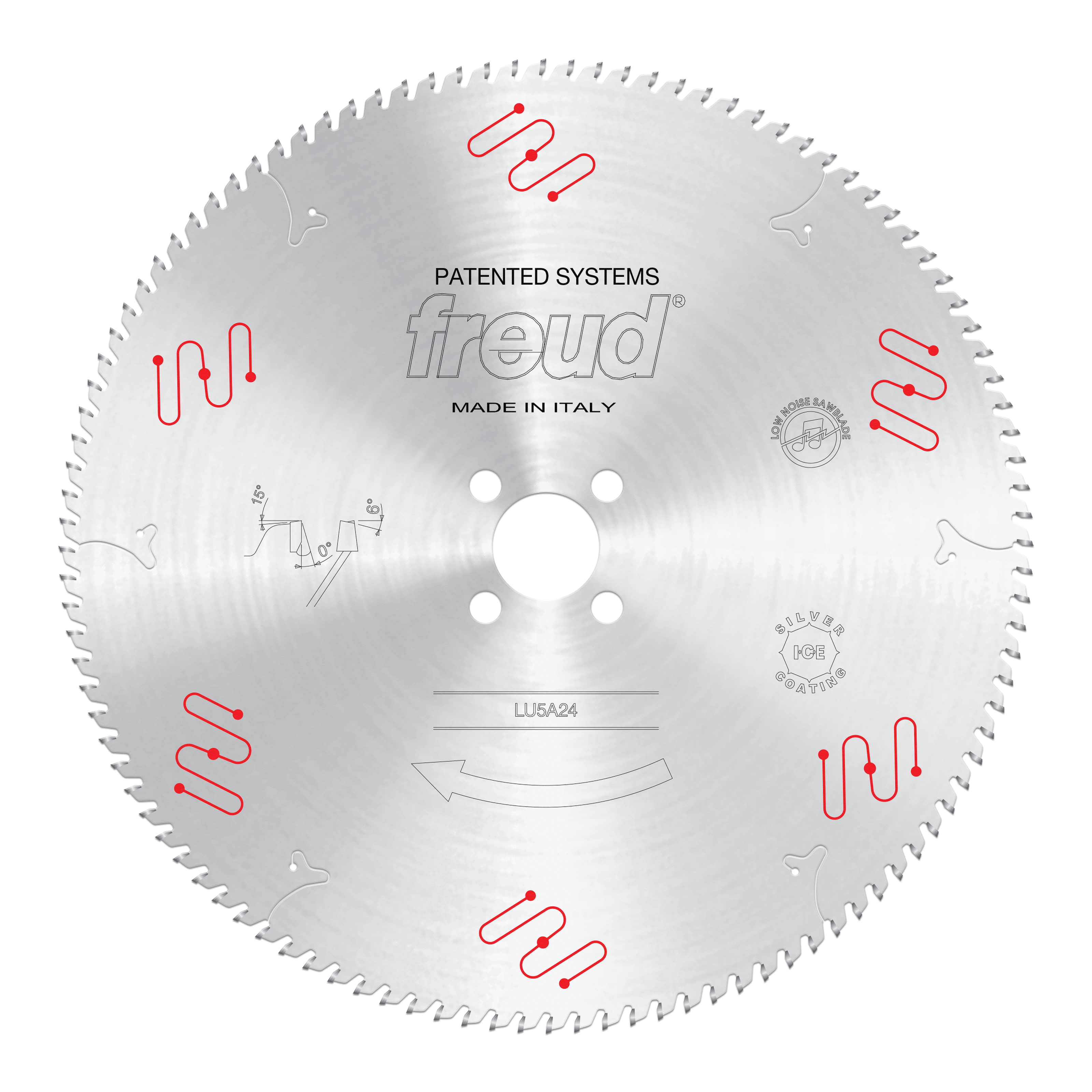 Freud LU5A24 circular saw blade with silver finish, tooth edge, center hole, and red technical markings on face.