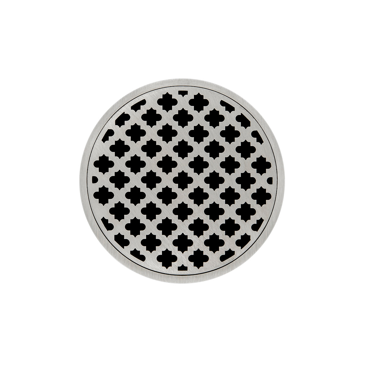 Round satin stainless steel drain cover with center opening and quatrefoil pattern cutouts.