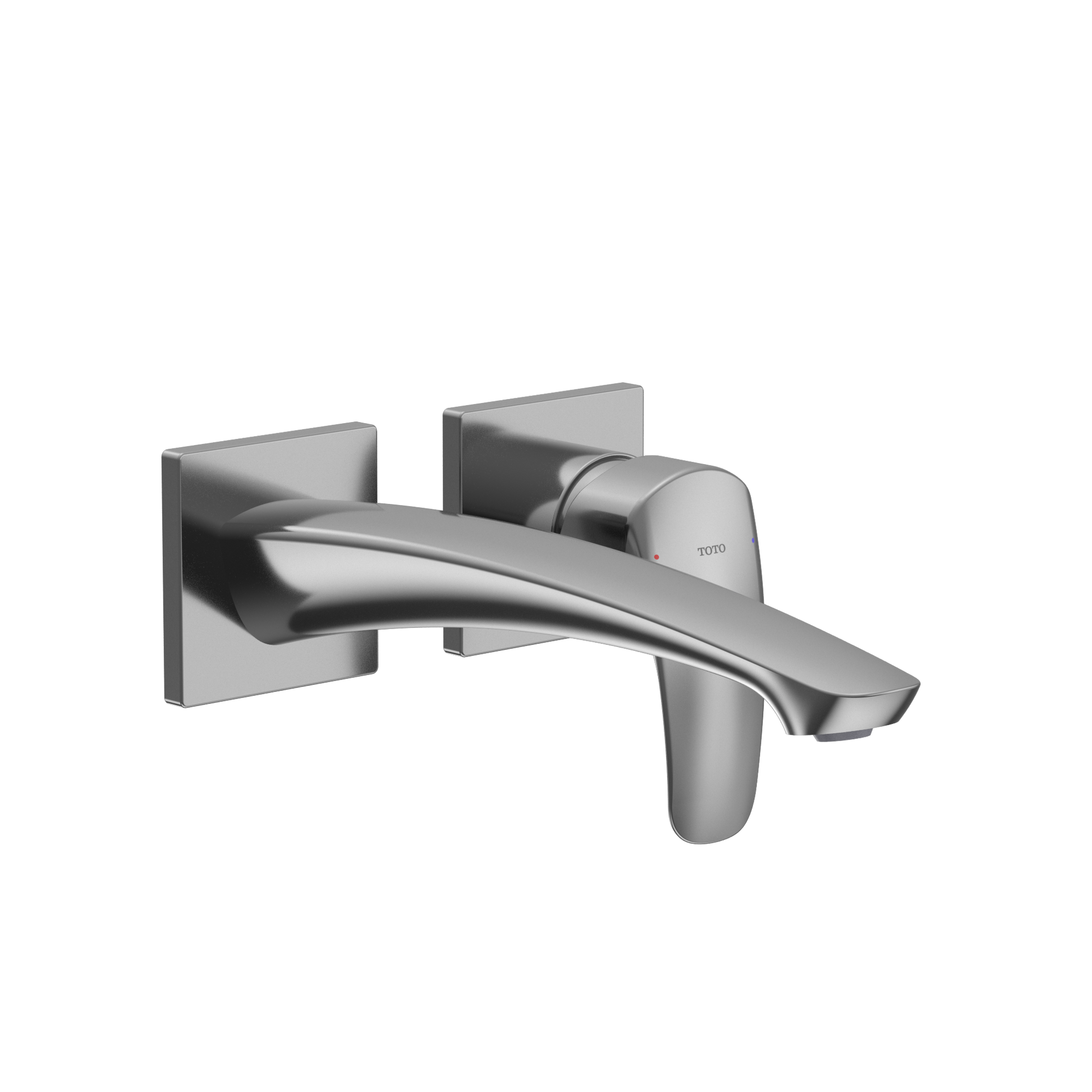 Polished chrome wall-mount bathroom faucet with single handle and curved spout extending from square escutcheon plates.