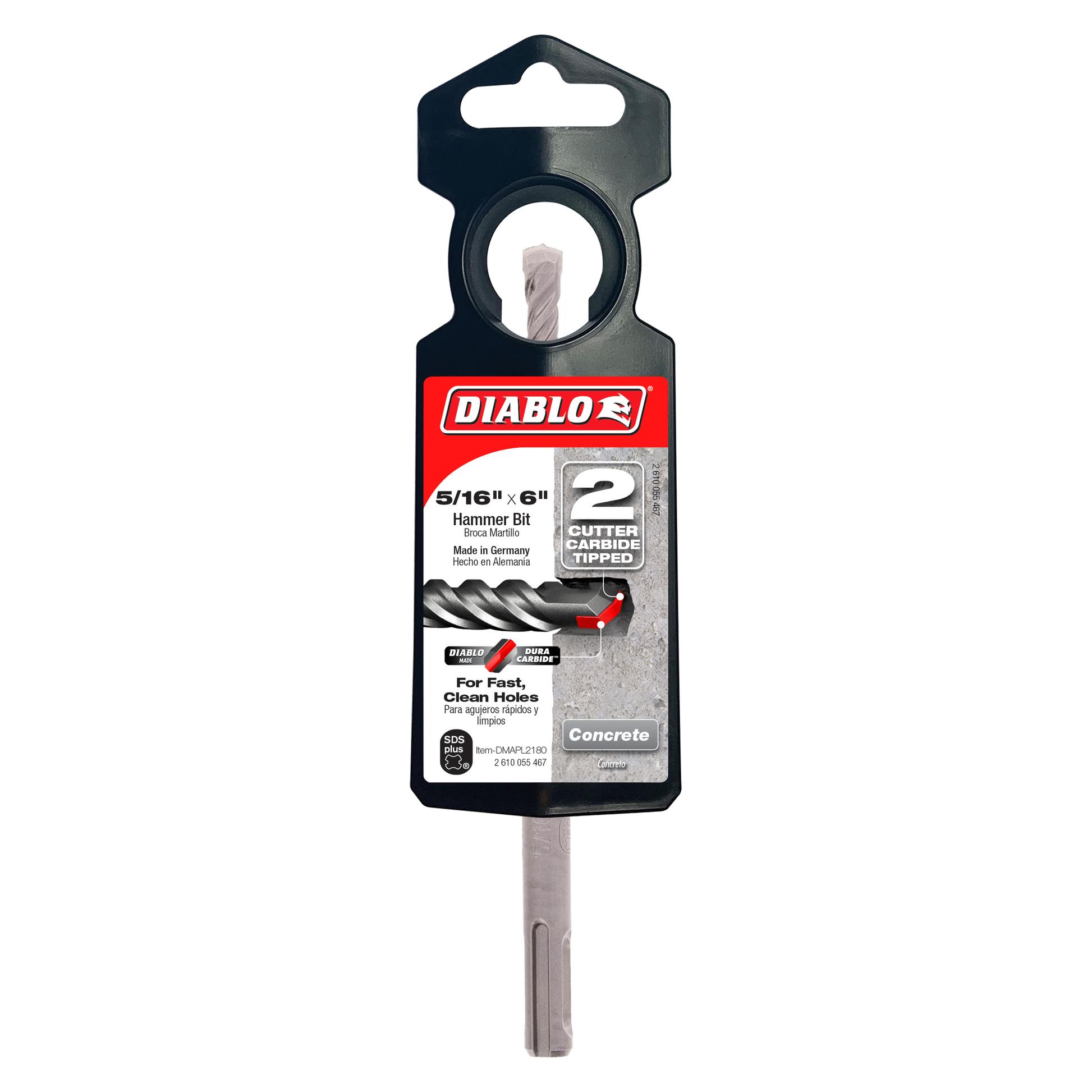 Diablo SDS-Plus hammer drill bit with 2 carbide cutters in black packaging with product details visible.