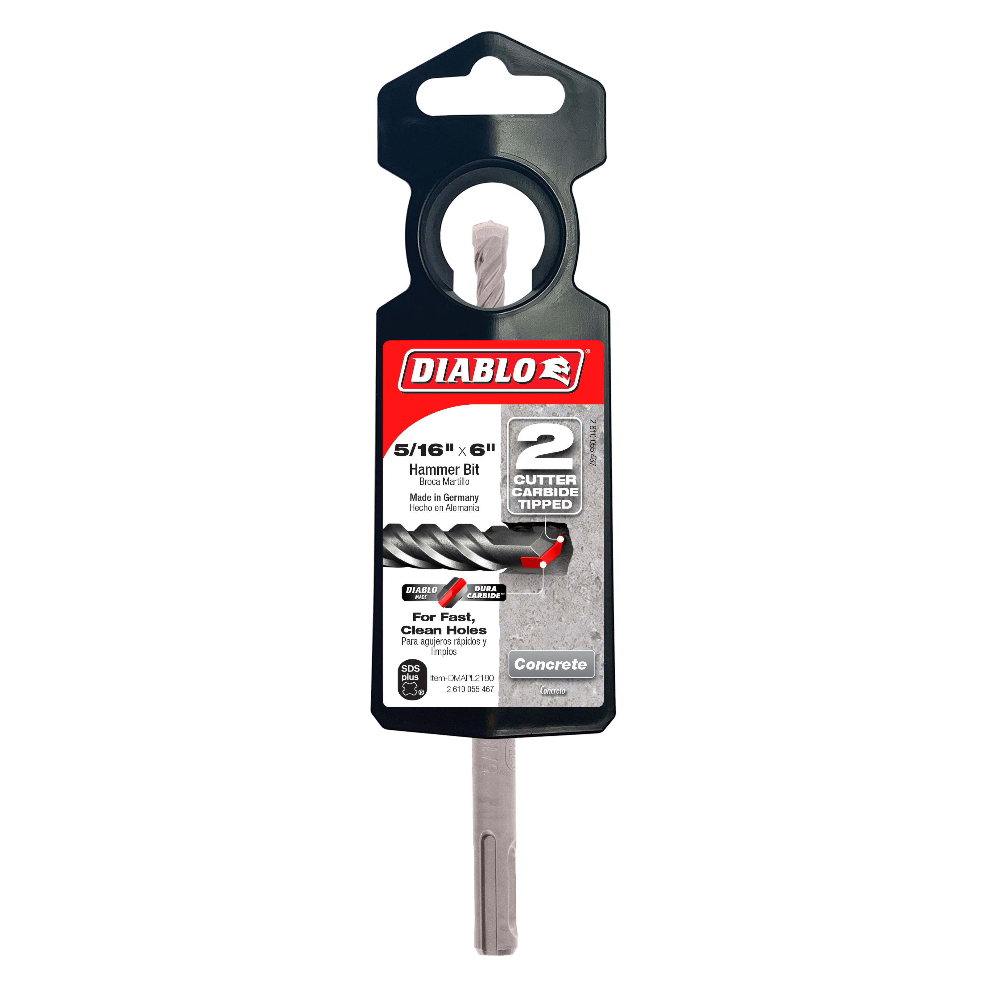 Diablo SDS-Plus hammer drill bit with 2 carbide cutters in black packaging with product details visible.