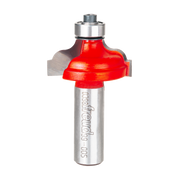 Red and silver classical Roman ogee router bit with curved cutting edges and metal shank.