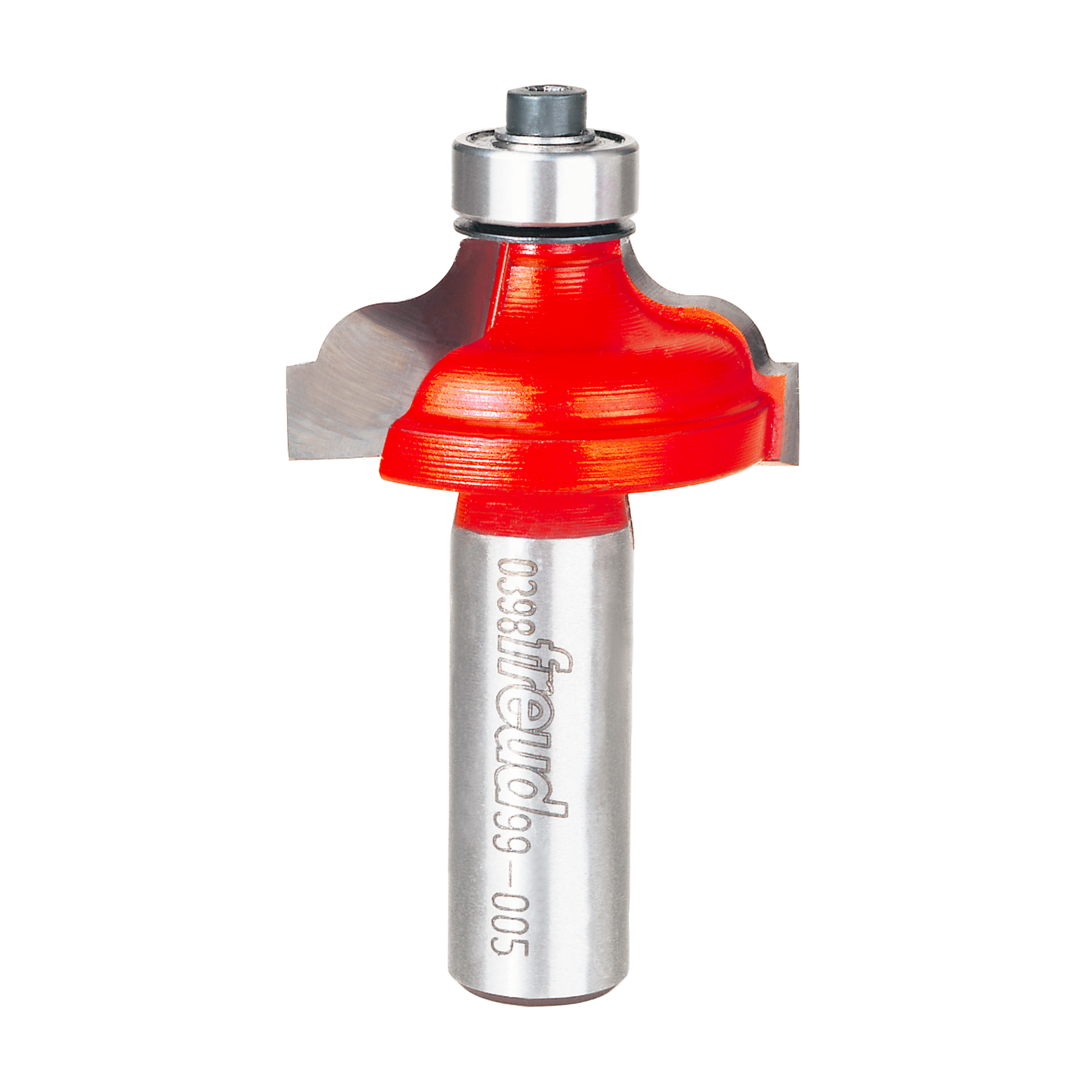 Red and silver classical Roman ogee router bit with curved cutting edges and metal shank.