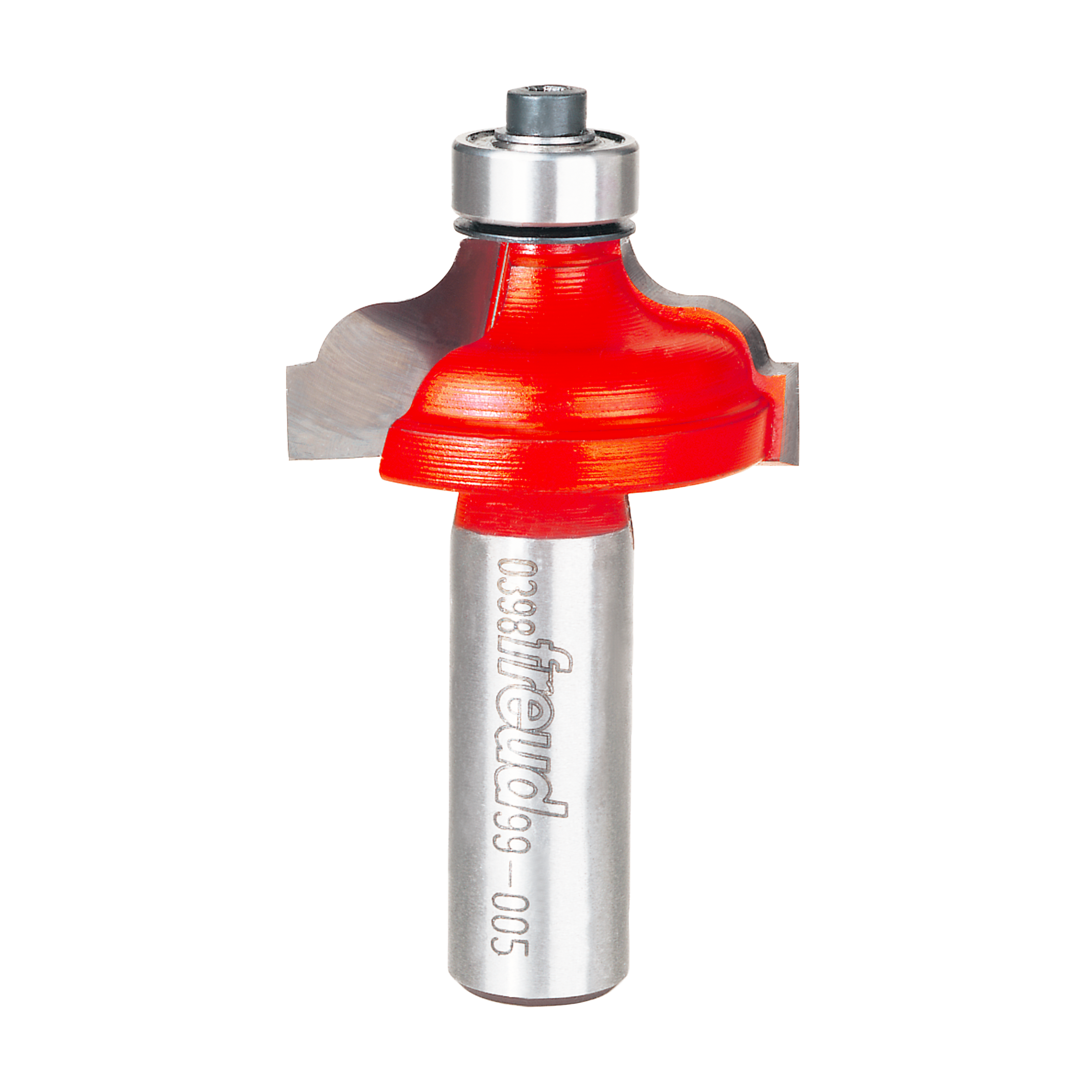 Red and silver classical Roman ogee router bit with curved cutting edges and metal shank.