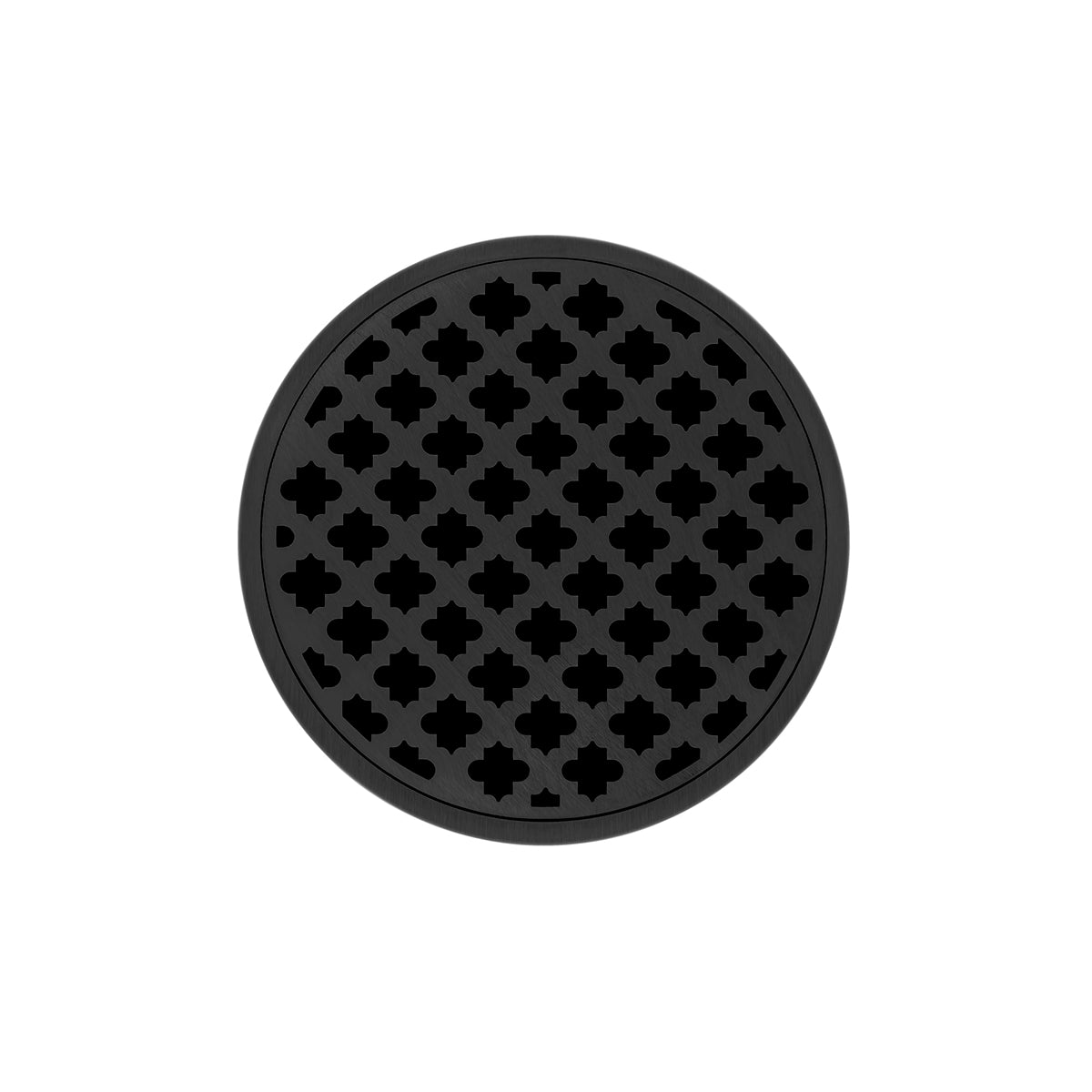 Matte black round drain cover with quatrefoil perforated pattern, center drain opening.