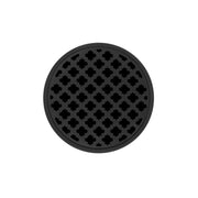 Matte black round drain cover with quatrefoil perforated pattern, center drain opening.