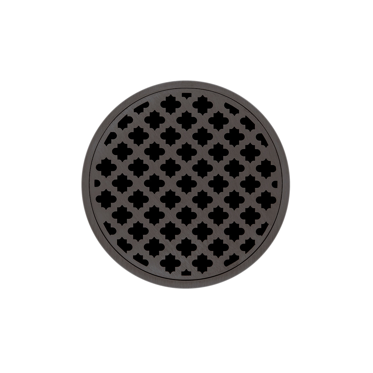 Round oil rubbed bronze drain cover with quatrefoil pattern cutouts, 5 inches diameter.