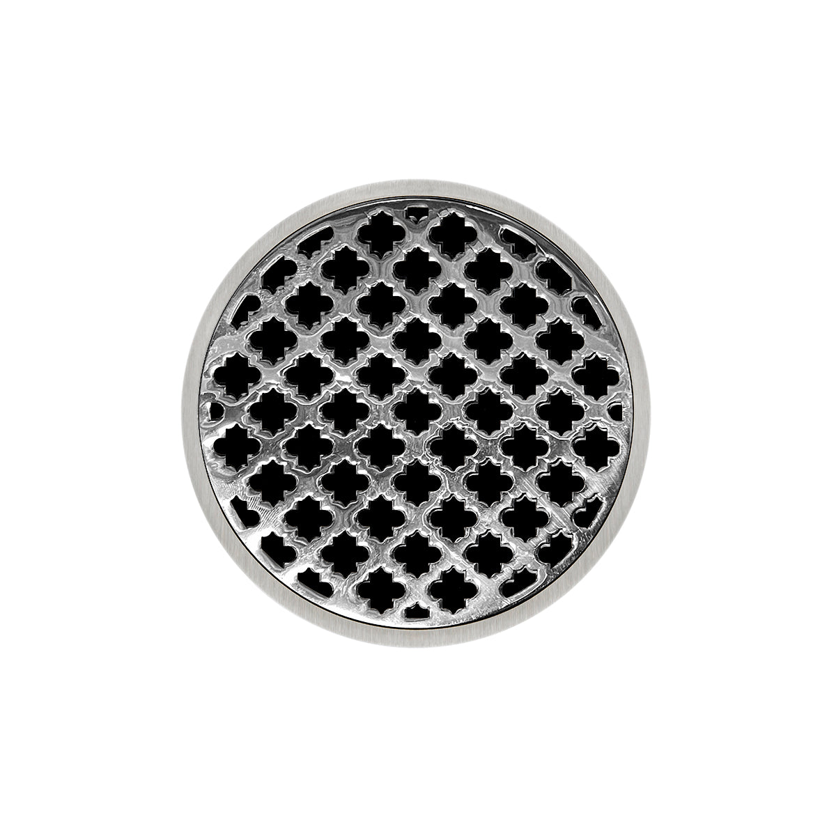 Round polished stainless steel drain cover with quatrefoil perforated pattern and center drain opening.