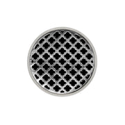 Round polished stainless steel drain cover with quatrefoil pattern cutouts, 5 inches diameter.