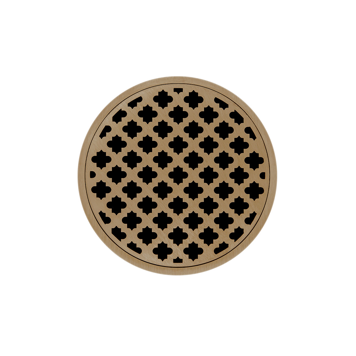 Round satin bronze drain grate with quatrefoil pattern cutouts, 5 inches diameter.