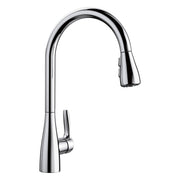 Chrome kitchen faucet with curved spout and pull-down spray head.