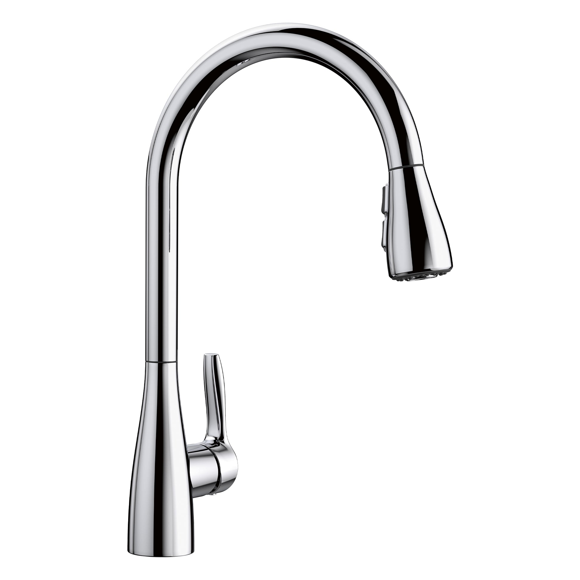 Chrome kitchen faucet with curved spout and pull-down spray head.