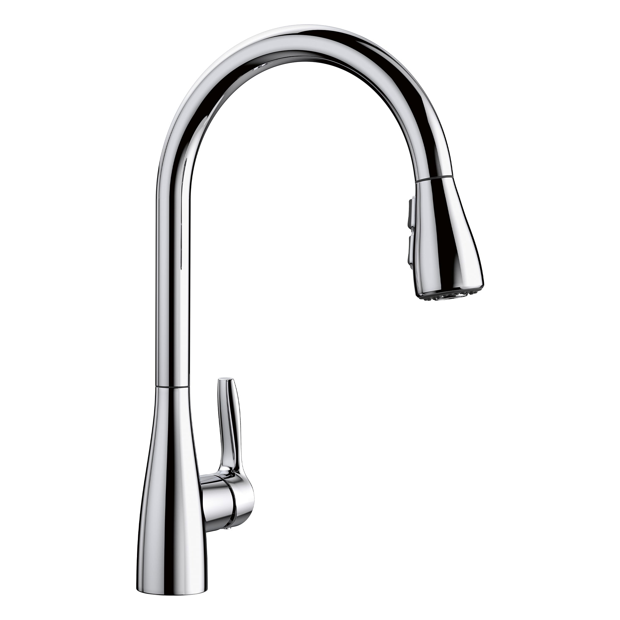 Chrome kitchen faucet with curved spout and pull-down spray head.