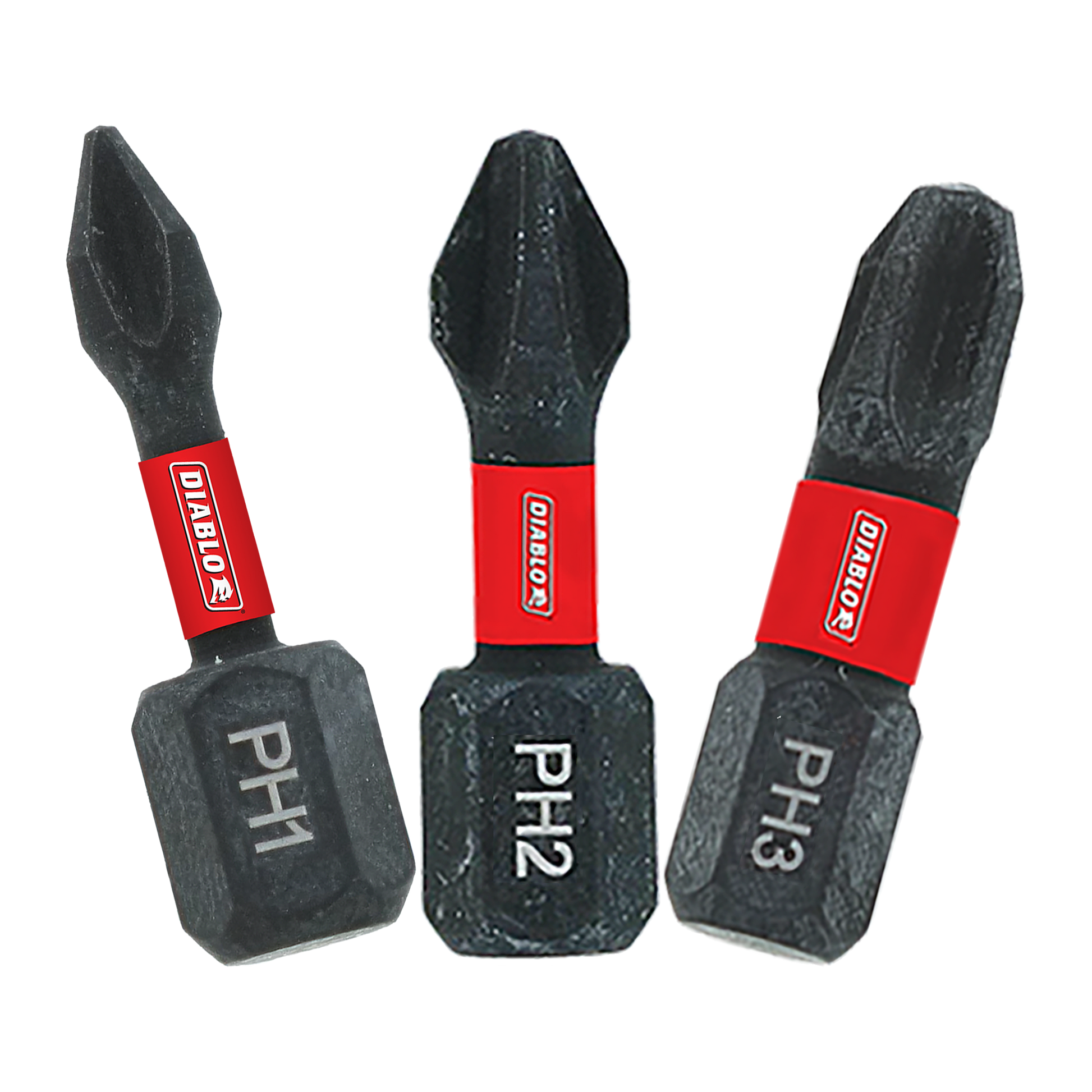 Three black Phillips drive bits labeled PH1, PH2, and PH3 with red Diablo branded sleeves.
